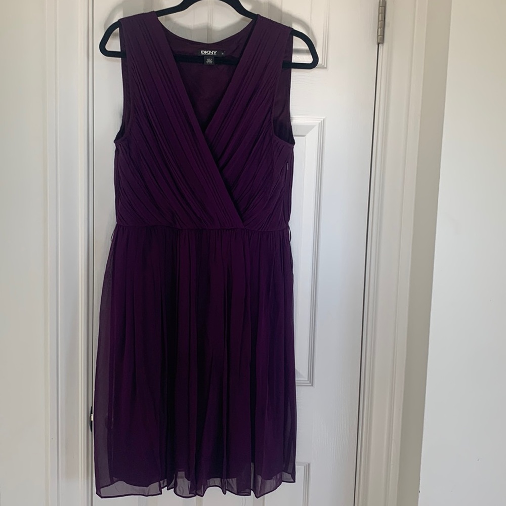 DKNY sleeveless deep purple silk pleated dress size 14